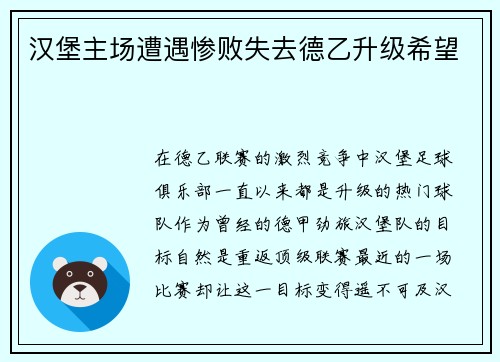 汉堡主场遭遇惨败失去德乙升级希望