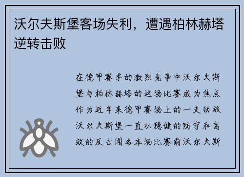 沃尔夫斯堡客场失利，遭遇柏林赫塔逆转击败