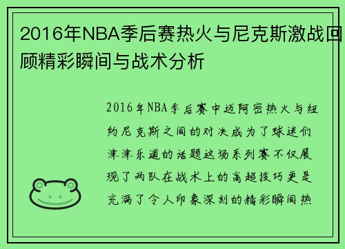 2016年NBA季后赛热火与尼克斯激战回顾精彩瞬间与战术分析