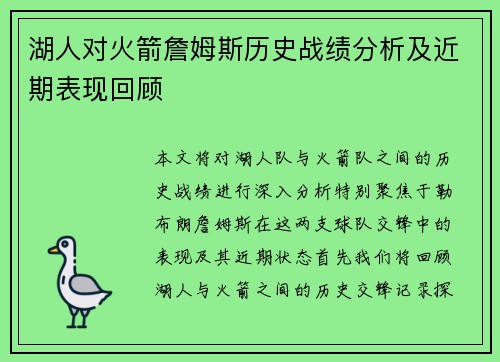湖人对火箭詹姆斯历史战绩分析及近期表现回顾