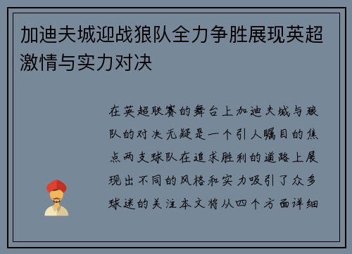 加迪夫城迎战狼队全力争胜展现英超激情与实力对决