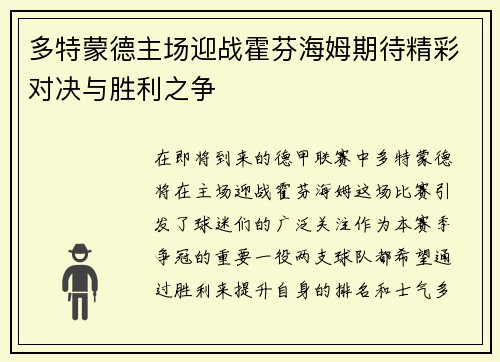 多特蒙德主场迎战霍芬海姆期待精彩对决与胜利之争