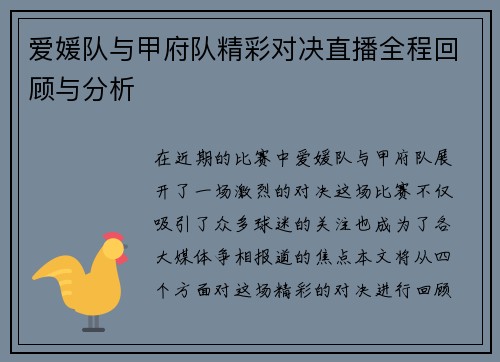 爱媛队与甲府队精彩对决直播全程回顾与分析