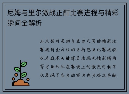 尼姆与里尔激战正酣比赛进程与精彩瞬间全解析