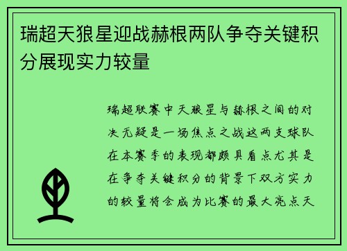 瑞超天狼星迎战赫根两队争夺关键积分展现实力较量