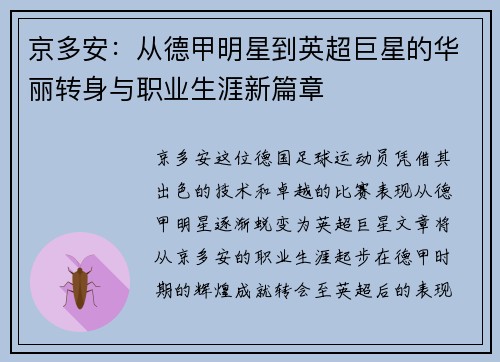 京多安：从德甲明星到英超巨星的华丽转身与职业生涯新篇章