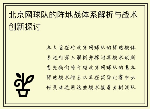 北京网球队的阵地战体系解析与战术创新探讨