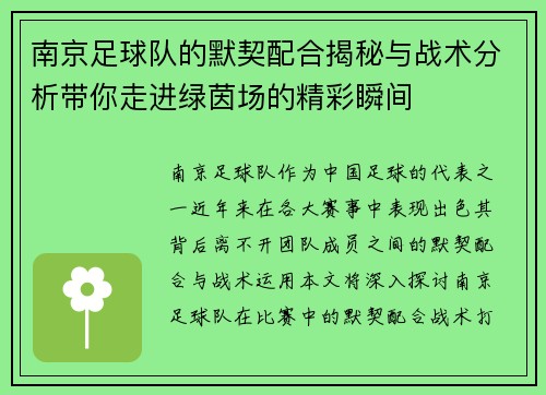 南京足球队的默契配合揭秘与战术分析带你走进绿茵场的精彩瞬间